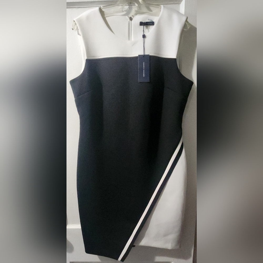 🔥 NWT Tommy Hilfiger Black White Colorblock Asymmetric Sheath Dress size 14